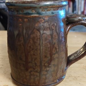 Handcrafted Studio Art Pottery Mug - Brown and Blue. Mint Condition. Unused